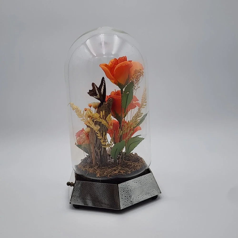 Vintage Glass Dome Floral Cloche with Butterfly Dried & Orange Faux Flowers